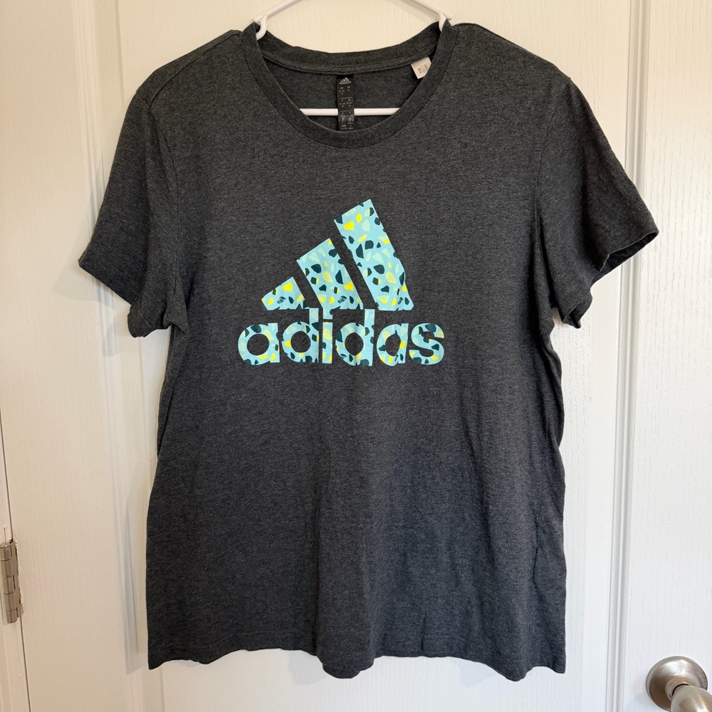 Adidas Women's Dark Gray Tee with Vibrant Blue Logo